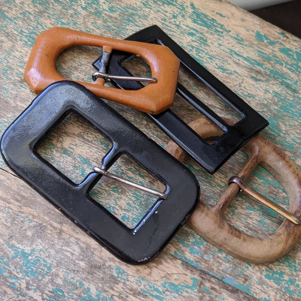 Bundle of 4 Vintage Buckles - Wood, Lucite, Faux Leather Tight Top, Cardboard